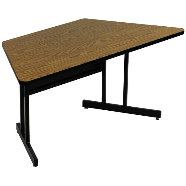 A trapezoid table with a black base.