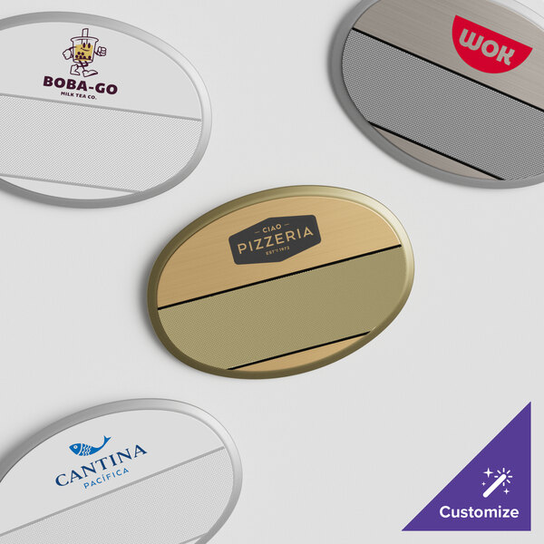 A white customizable metal oval nametag with a logo.