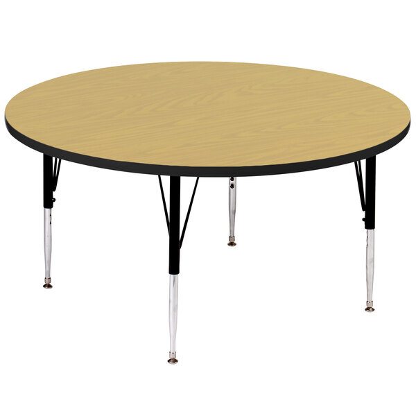 A Correll round activity table with adjustable height and Fusion Maple top and black legs.