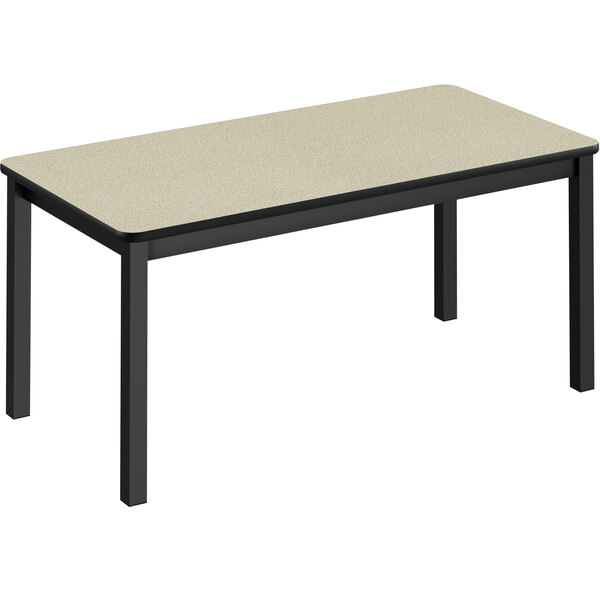 A Correll rectangular library table with a beige top and black legs.