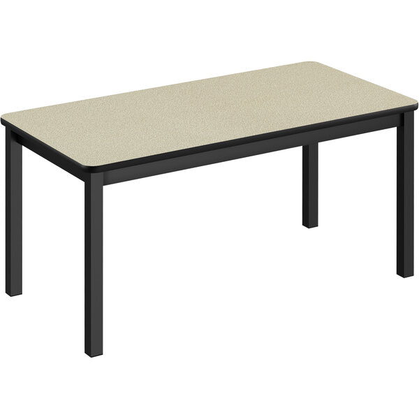 A rectangular Correll library table with black legs and a beige top.