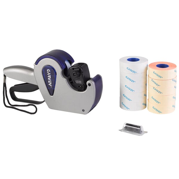 A Garvey Impressa labeler starter kit with a tape dispenser and rolls of white tape with blue text.