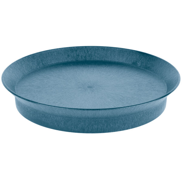 A blue round polypropylene deli server with a metal rim.