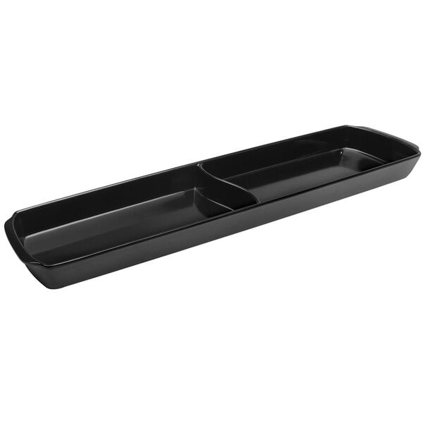 A black rectangular Delfin melamine tray with a divider.