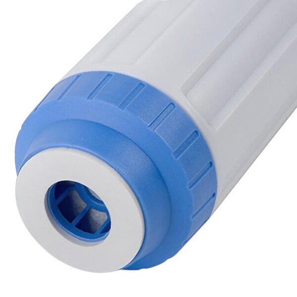 A close up of a white and blue C Pure water filter cartridge with a blue circular top.