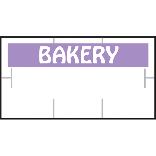 A purple rectangular label with white text that says "BAKERY"