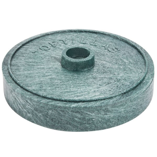 A round green polyethylene tortilla server with a lid.