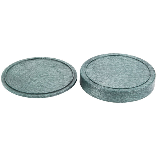 A pair of round green HS Inc. Jalapeno Polyethylene tortilla servers.