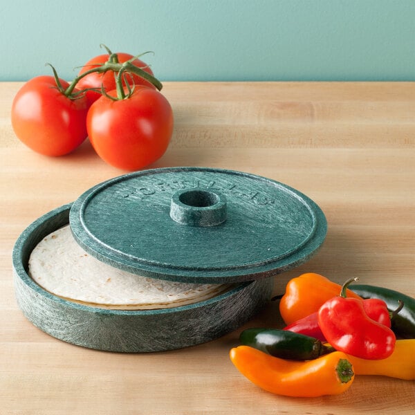 a tortilla wrap in a green container