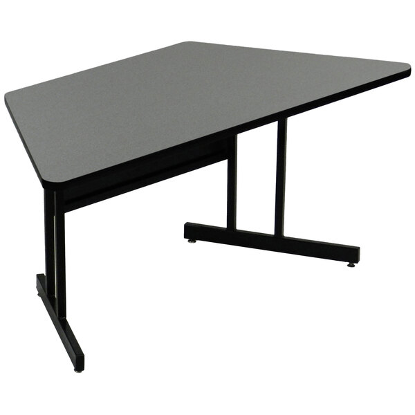 A black trapezoid table with a gray laminate top and black legs.