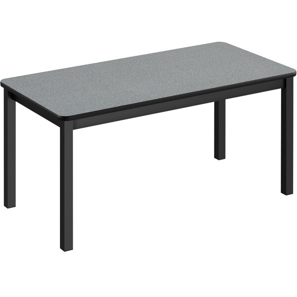 a grey rectangular table with black legs