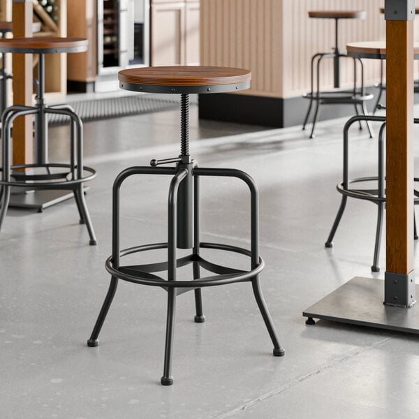 Lancaster Table & Seating Adjustable Screw Top Bar Stool with Rustic Walnut Finish Seat