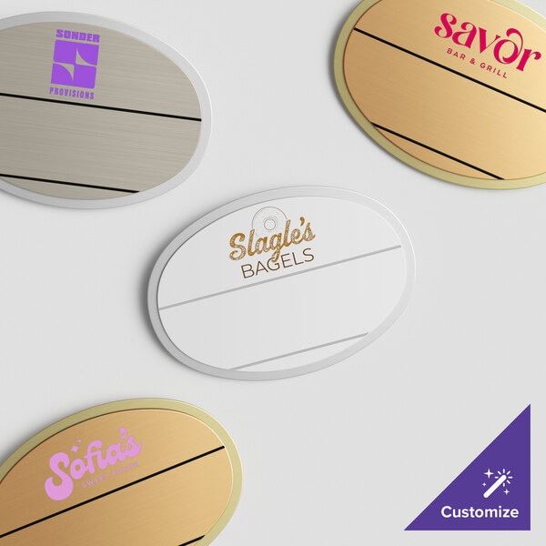 A group of Cawley customizable oval nametags.