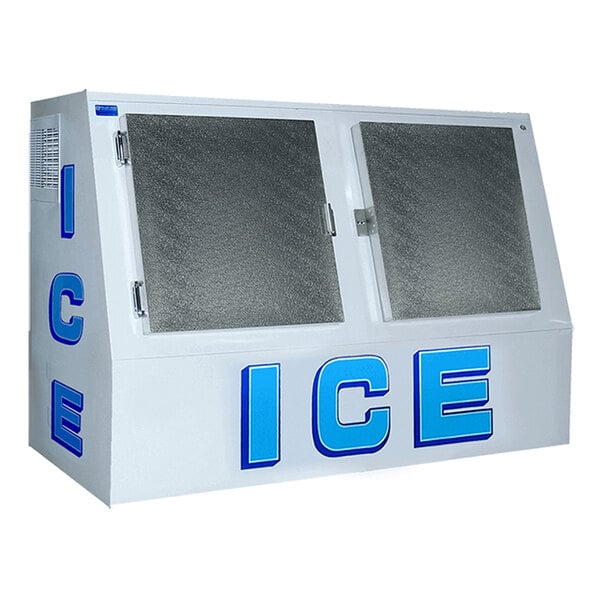 A white rectangular ice merchandiser with two metal doors on the front and the word 'ICE' in large blue letters on the front and side.