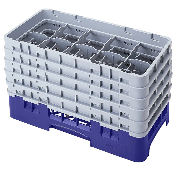 A navy blue plastic Cambro half size glass rack with 10 compartments and 5 extenders.