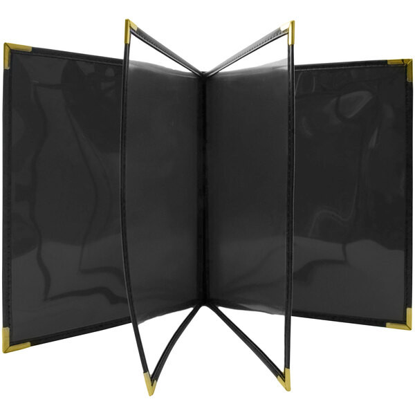 A black menu cover with gold trim and black interior holding 6 pages.