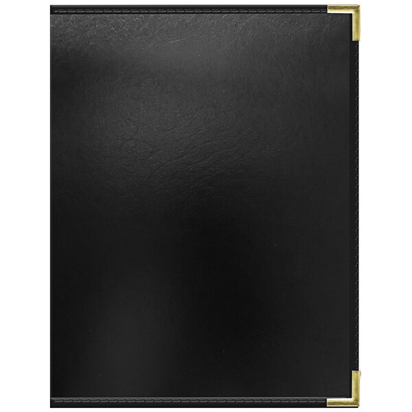 A black leather menu cover with gold corners and trim.