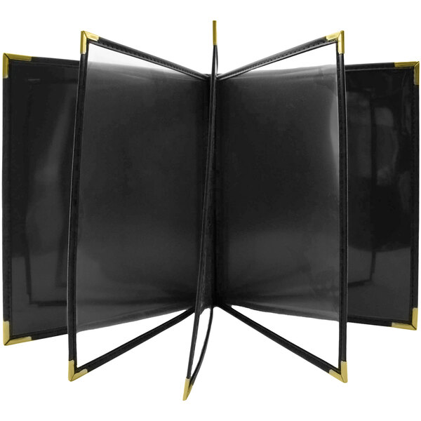 A black folder with gold corners.