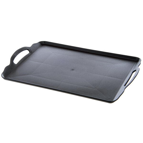 A black rectangular Dinex room service tray with handles.