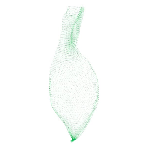 A green net bag on a white background.