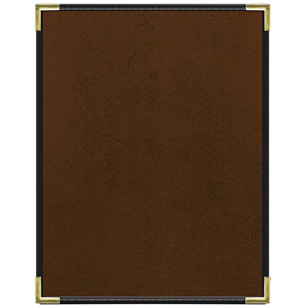 A brown leather menu cover with black trim.