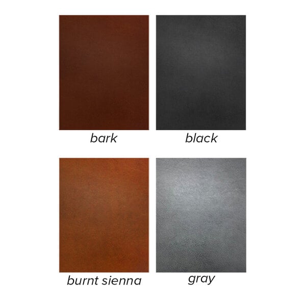 A set of four rectangular menu cover material samples in bark, black, burnt sienna, and gray colors.