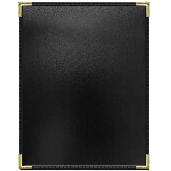 A black leather rectangular menu cover with gold corners.