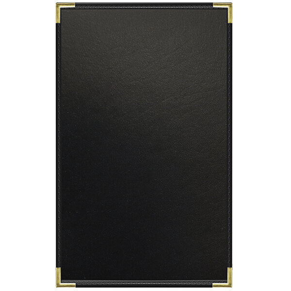 A black leather rectangular menu cover with gold corners.