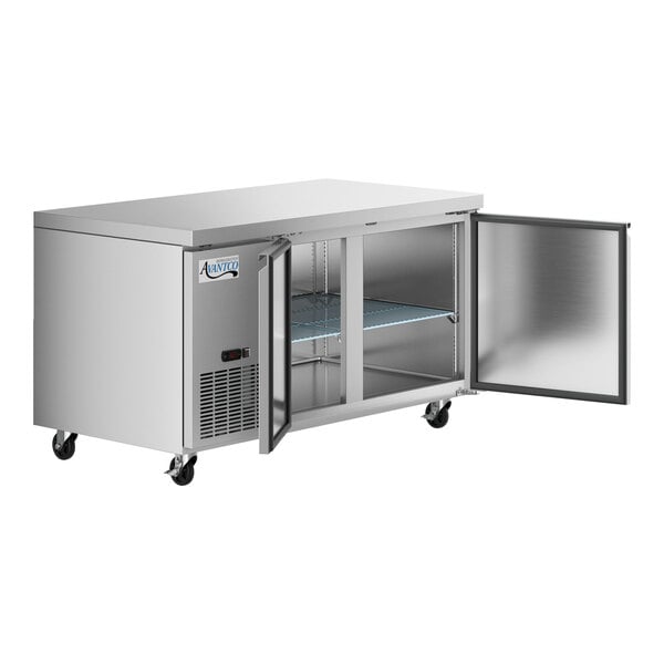 An Avantco stainless steel undercounter refrigerator with two doors open.
