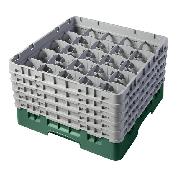 A green Cambro glass rack with empty gray trays inside.