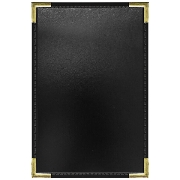 An oakmont menu cover with black leather and gold corners.