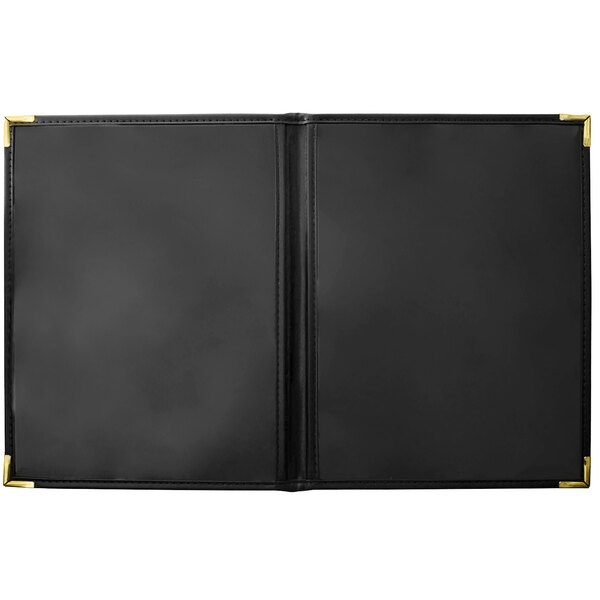 A black leather Tamarac menu cover with gold corners.