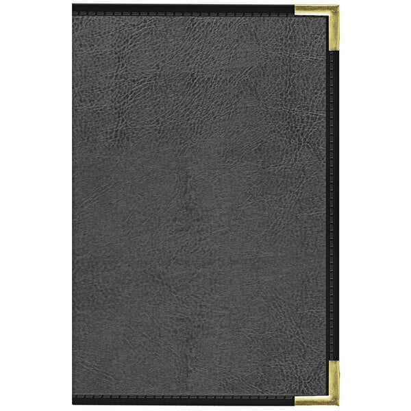 A black leather menu cover with gold corners and trim.