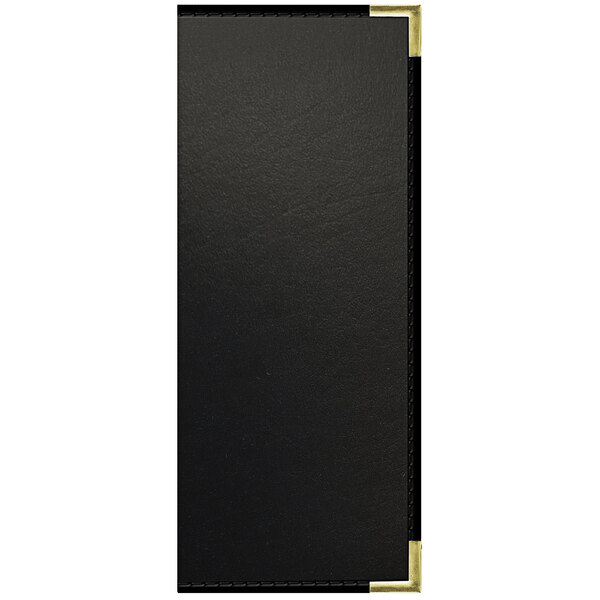 A black leather menu cover with gold corners and a white border.