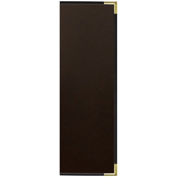 A brown rectangular leather menu cover with gold corners.