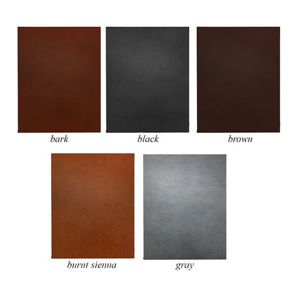 A group of H. Risch, Inc. Tamarac menu covers in different colors of leather.
