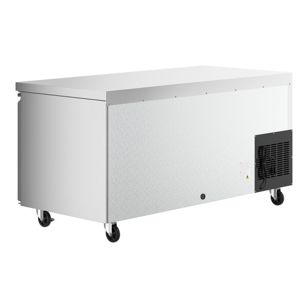 A rectangular white Avantco undercounter refrigerator with wheels.