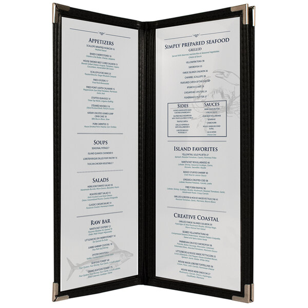 A menu board with a black frame and white pages with blue text.
