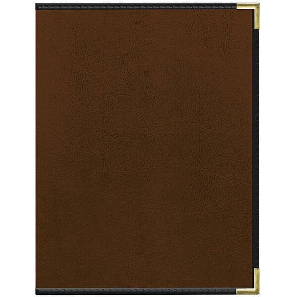 A brown leather Tamarac menu cover with black trim and gold corners.