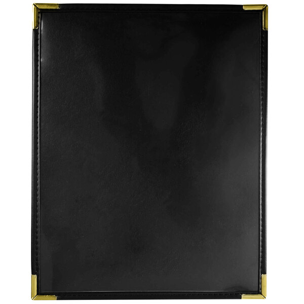 A close-up of a black leather folder with gold corners.