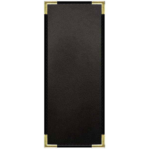 A black leather menu cover with a white border.