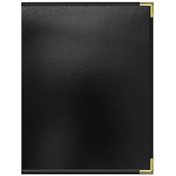 A black rectangular menu cover with gold corners.