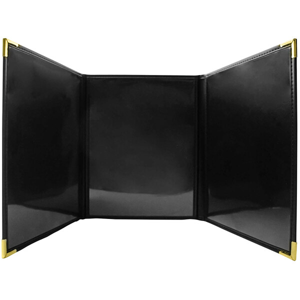 A black leather Tamarac menu cover with gold corners.