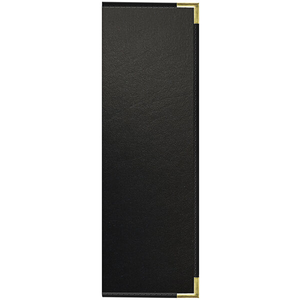 A black rectangular menu cover with gold corners and trim.