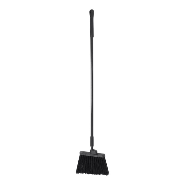 A black broom with a long black handle.