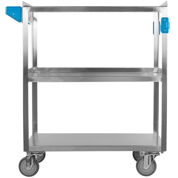 a metal cart with blue handles