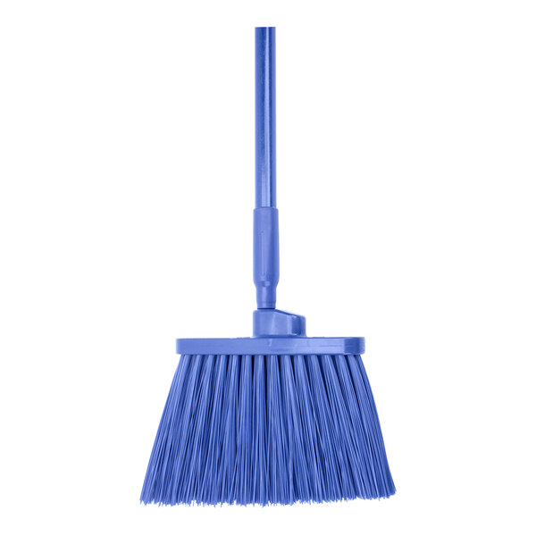 A close-up of a Carlisle blue broom with a long handle.
