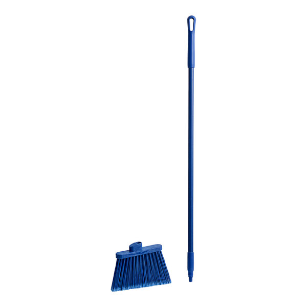 A blue broom with a 48" blue handle and blue flagged bristles on a white background.