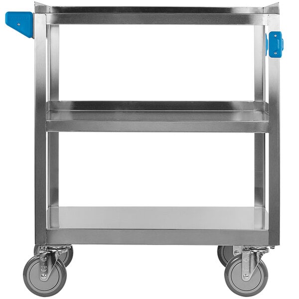 A Carlisle stainless steel utility cart with blue handles.