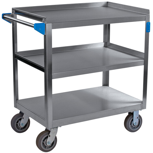 A Carlisle stainless steel utility cart with blue handles.